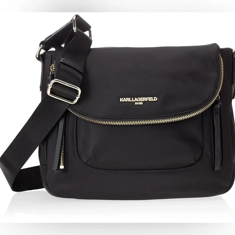 Karl Lagerfeld Paris Black Nylon Messenger Crossbody Bag Flap Top Gold Zip Detai